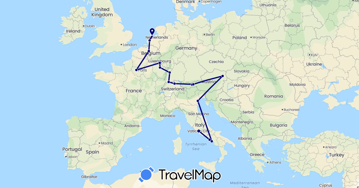 TravelMap itinerary: driving in Austria, Belgium, Switzerland, France, Italy, Luxembourg, Netherlands (Europe)